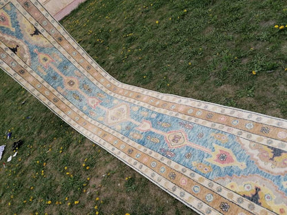 Oushak wool runner 3x14'9 new production turkish oushak handmade rug, hallway runner rug