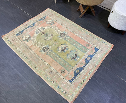 Vintage RUG, TURKISH Oushak Rug Hand Knotted 3 x 4.2 Rug, Oriental Rug, Vintage Persian Rug, Handmade Rug, Antique Rug, Woven Rug