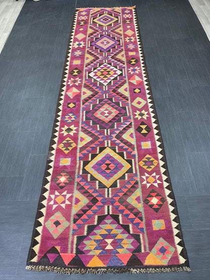 Vintage Runner rug 3.4 x 12.5 Handmade Flat woven Runner Kilim Runner Rug XL Oriental Runner Vintage Flat weave Rug Wool Carpet Rug