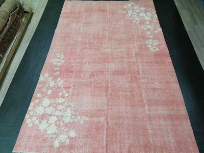 Pink Vintage Rug 6.6 x 10.6 TURKISH HAND MADE Rugs   Vintage Turkish Rugs  Pink Orient Rug Persian Rug, Vintage Oushak Rug, Wool Rug