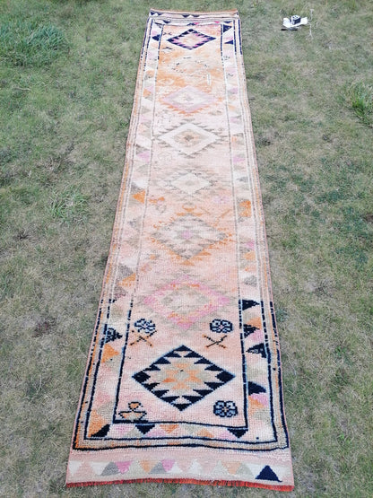 Vintage turkish runner rug, vintage runner rug, 2'9x11'9 hand made wool rug, kitchen rug, hallway runner rug,