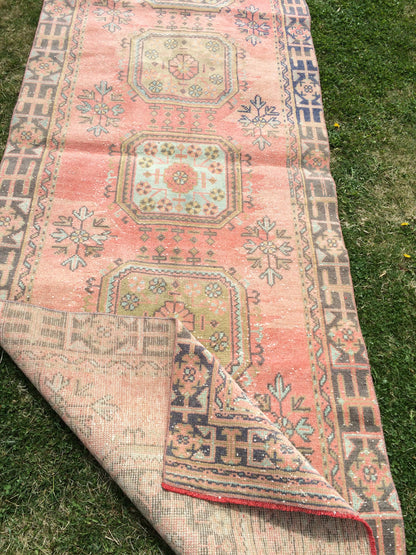 Vintage Turkish Runner Rug, 4x11 Oushak Runner Rug, Handmade Runner Rug, Hand Knotted Runner Rug Hallway Runner, Kitchen Runner