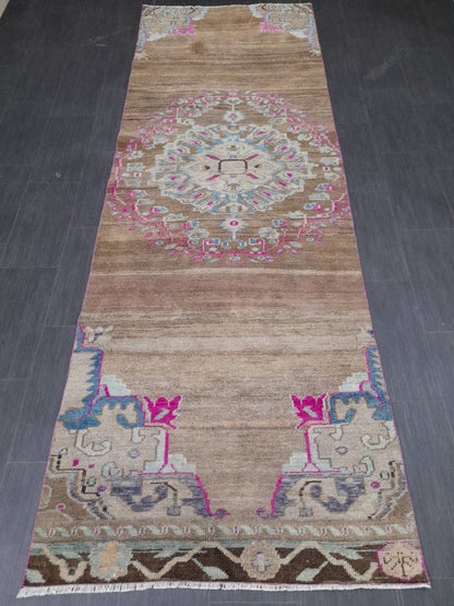 Vintage Runner Rug 3.6 x 10.5 Turkish Runner Rug Varigated  Brown Vintage Runner Rug Hallway Runner Rug Kitchen Runner Rug Wool Runner