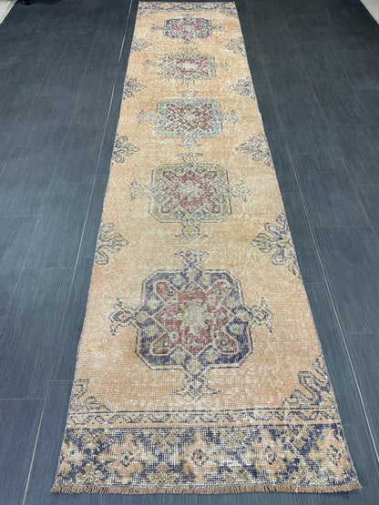 Oushak Runner Rug 2.6 x 11.4 Turkish Runner Rug Distressed Vintage Runner Rug Hallway Runner Rug Kitchen Runner Rug Wool Staircase Runner