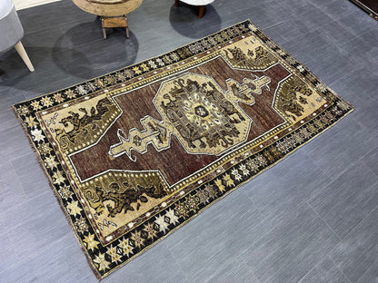 Antique Rug, TURKISH RUG, VINTAGE Rug, Living Room 3.7 x 6.3 Rug, Oushak Rug, Handmade Rug,Brown and Black rug, Persian Rug, farmhouse rug