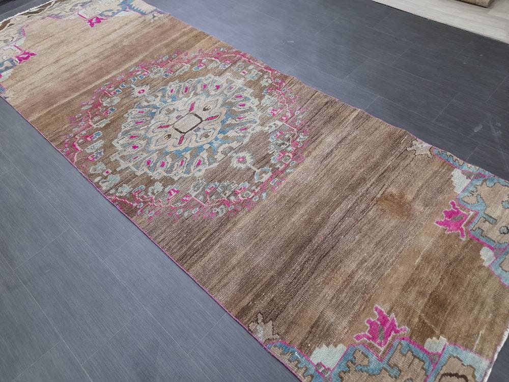 Vintage Runner Rug 3.6 x 10.5 Turkish Runner Rug Varigated  Brown Vintage Runner Rug Hallway Runner Rug Kitchen Runner Rug Wool Runner