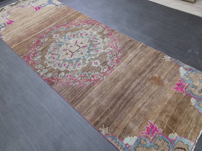 Vintage Runner Rug 3.6 x 10.5 Turkish Runner Rug Varigated  Brown Vintage Runner Rug Hallway Runner Rug Kitchen Runner Rug Wool Runner