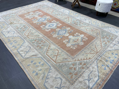 Vintage Rug, TURKISH Handmade 6.5 x 9.5 Rug, Vintage Turkish Rug, Oushak Rug, Turkish Oushak Rug, Hand Knotted Soft Wool Rug Distressed Rug