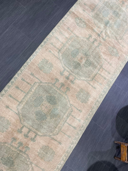 Muted OUSHAK RUG TURKISH 2.9 x 13.2 Rug Runner Vintage Runner Rug Vintage Runner Rug Wool Oushak Rug Hand Made Rugs Vintage Turkish Runner