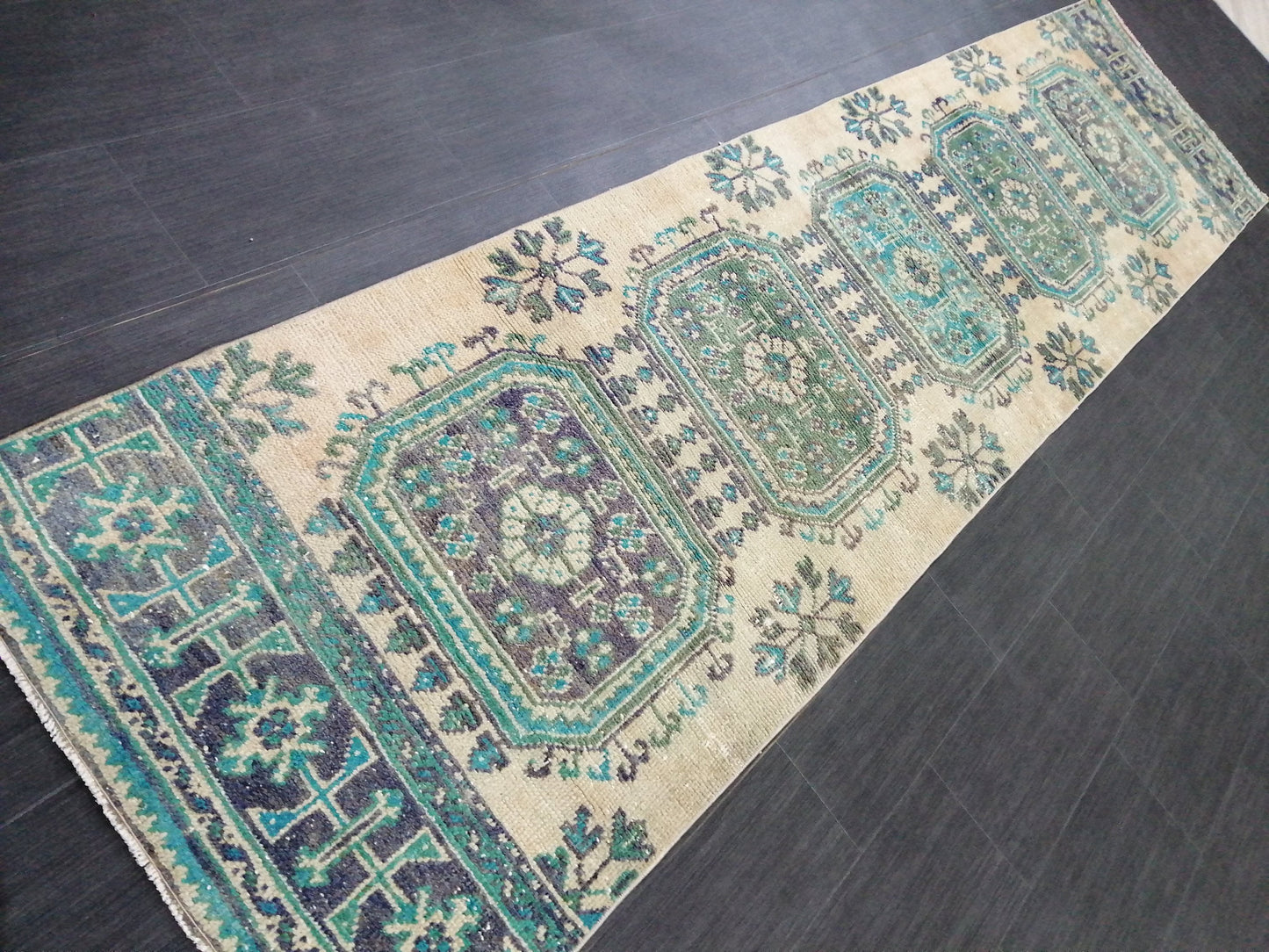 Green Blue Beige Oushak Runner Rug 11.8 x 2.8 Turkish Runner Rug Vintage Runner Rug 3x12 Hallway Runner Rug Kitchen Runner Rug Wool Runner