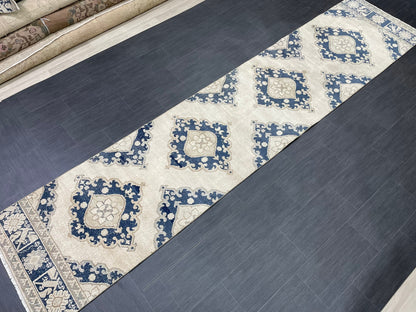 WOOL Hand Knotted Runner Rug Turkish Runner Rug 2.8 x 12.7 Muted Vintage Hallway Runner Rug Kitchen Runner Rug Persian Runner Rug Navy