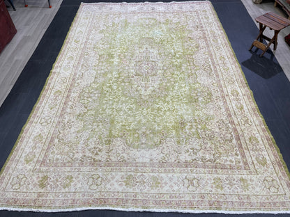 Vintage RUG Turkish 7 x 10.3 Rug Antique Rug Neon Green Rug Wool Muted Oriental Rug Handmade Rug Hand Knotted Rug Persian Rug