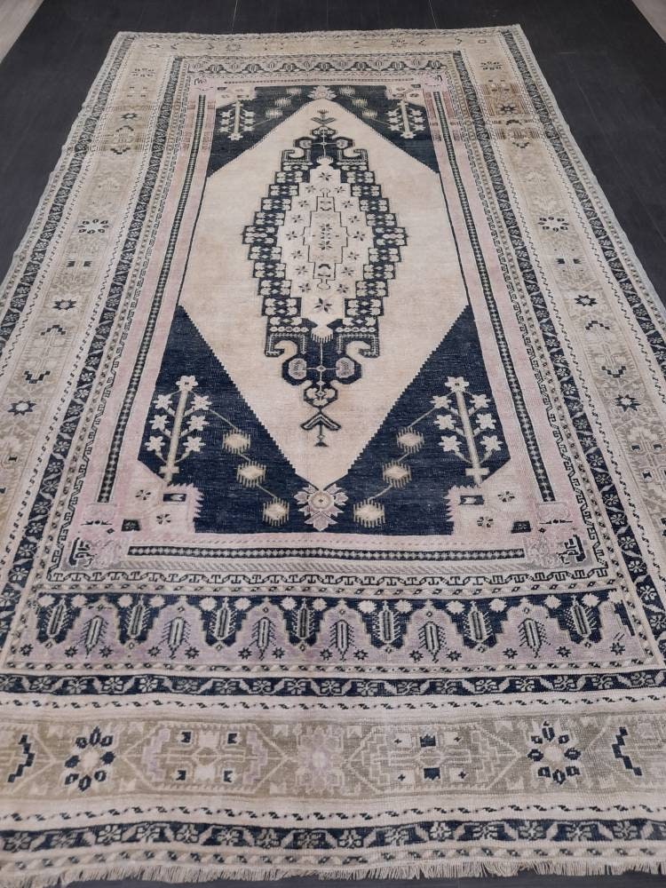 Muted TURKISH Rug Vintage Oriental Rug Vintage Persian Rug Blue OUSHAK RUG 6 x 10.8 Oushak Rug Hand Made Rug Vintage Excellent Condition Rug