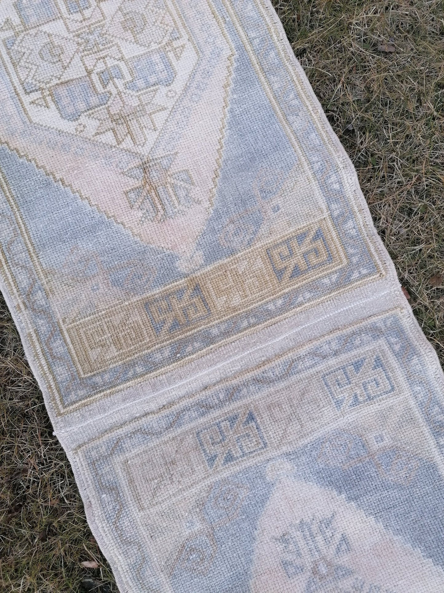 1'9x10'5 muted blue runner rug, faded vintage turkish runner,  hallway runner rug, kicthen runner rug, oushak runner rug