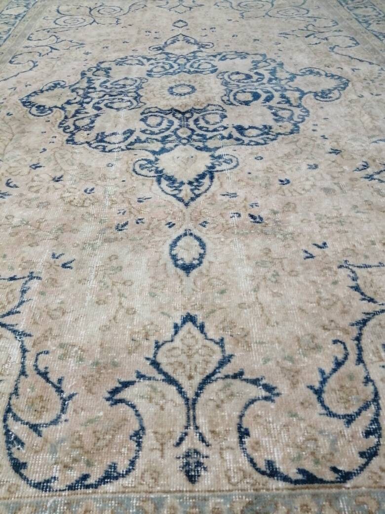 Muted Persian RUG 6.7 x 10 Turkish Oushak Rug Vintage Antique Rug Vintage Blue Light Pink Rug Wool Muted Oriental Rug Hand Made Rug