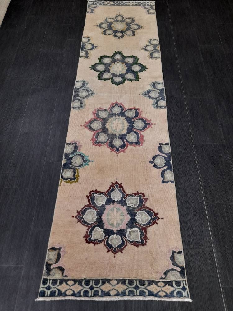 Muted Vintage Runner Rug 2.7 x 10.4 Muted Turkish Runner Rug Hand Made Runner Rug Vintage Runner Rug Hallway Runner Rug Distressed Runner