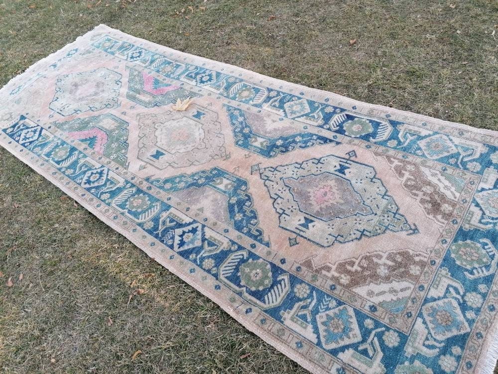 Turkish runner rug 4'7x12'4  blue runner rug,vintage oushak runner rug,kitchen runner rug,hallway runner rug,vintage runner rug
