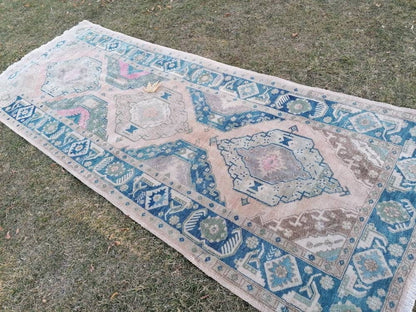 Turkish runner rug 4'7x12'4  blue runner rug,vintage oushak runner rug,kitchen runner rug,hallway runner rug,vintage runner rug