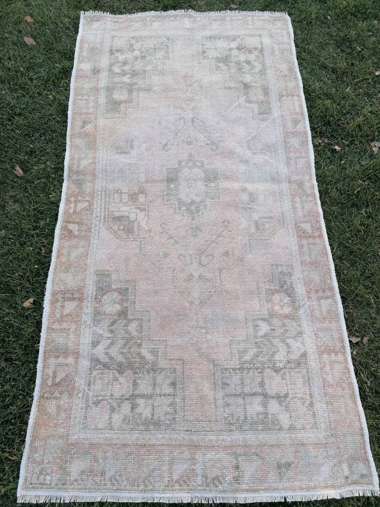 Pastel vintage rug, handmade wool rug, muted vintage rug 3'6x7 oushak runner