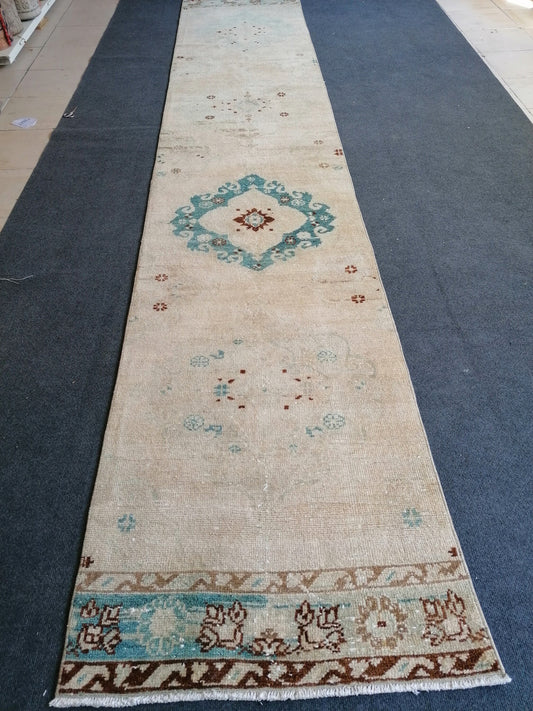 12'9x2'6  muted soft colors rug,vintage turkish rug,oushak vintage rug,kitchen rug,vintage anatolian bohemian rug,unique hand made bohemian