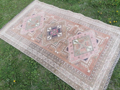 4'7x8 blue and pink wool rug, vintage oushak rug, turkish hand made living room rug