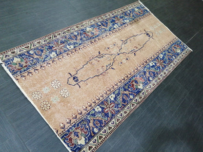 3.7 x 7.2 Blue Runner Rug, Hand Made Rug, Oushak Rug,  Boho Rug, Rug Runner, Turkish Rug, Farmhouse Rug, Vintage Rug, Wool rug Oriental Rug