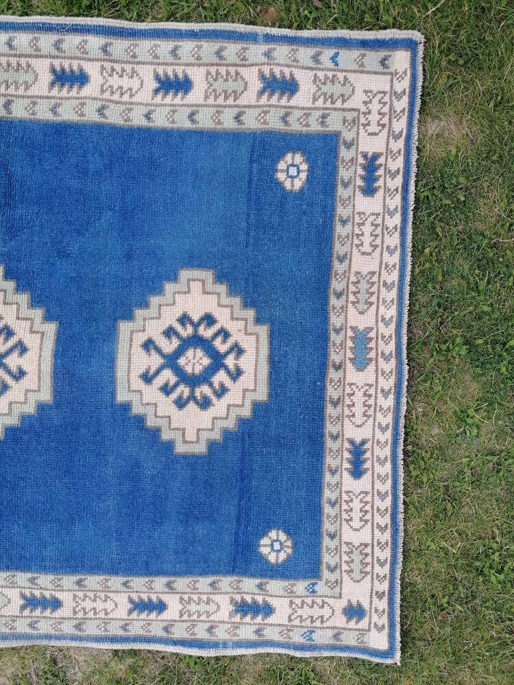 Turkish blue rug, vintage wool rug, oushak vintage rug,kitchen rug, 4x5'6 vintage anatolian rug,unique hand made bohemian
