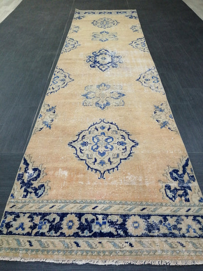 3 x 12  Blue Oushak Runner Rug Turkish Runner Rug Vintage Runner Rug Hallway Runner Rug Kitchen Runner Rug Wool Runner Rug Wool Oushak Rug