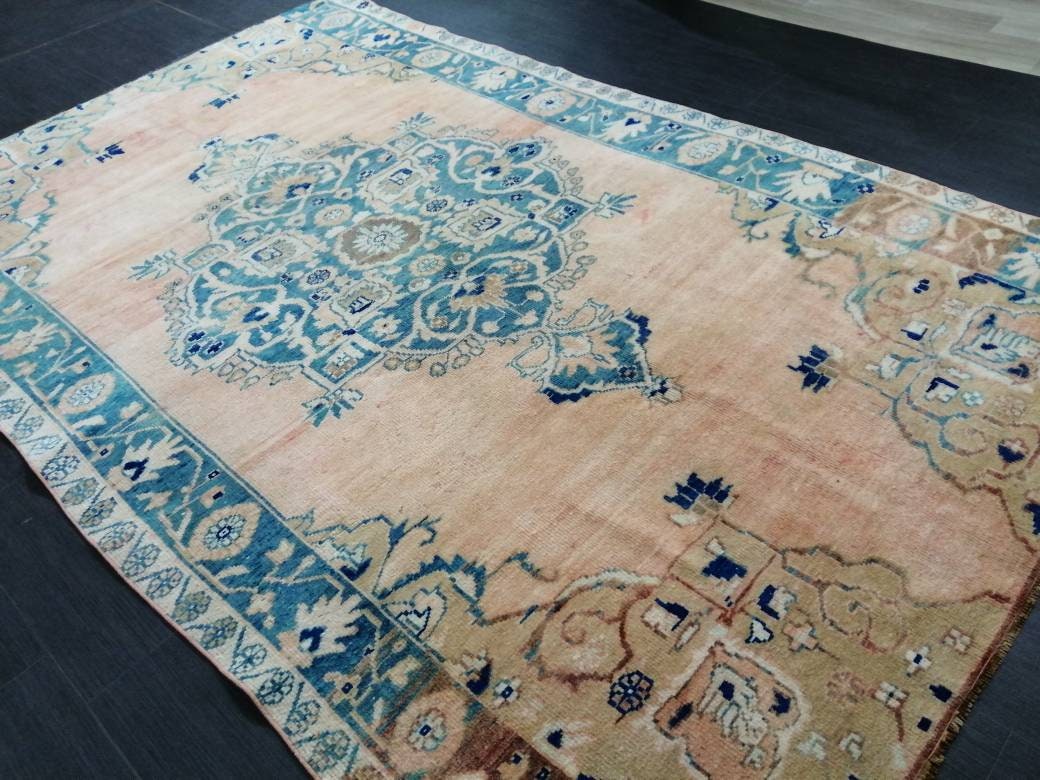 Wool Vintage Rug Turkish Rug 5.4 x 8.8  Muted Oushak  Rug,  Hand Made Rug, Living Room Rug, Oushak Rug, Blue Rug Medium Wool Pile Rug