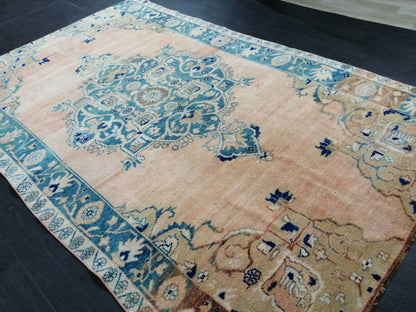 Wool Vintage Rug Turkish Rug 5.4 x 8.8  Muted Oushak  Rug,  Hand Made Rug, Living Room Rug, Oushak Rug, Blue Rug Medium Wool Pile Rug