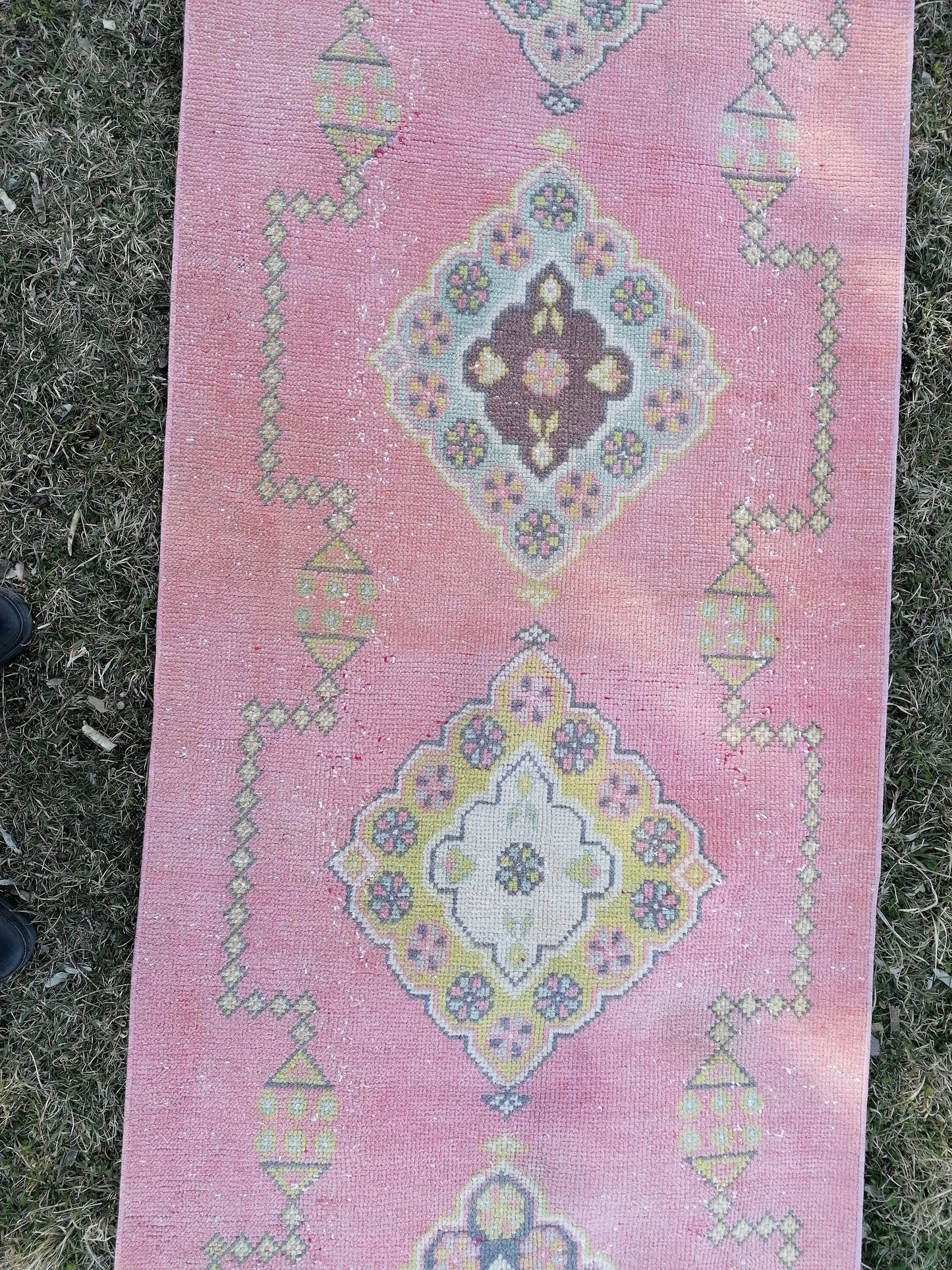 Vintage runner rug 2.10 x 22.10 pink runner rug, oushak wool handmade runner