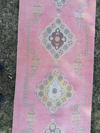 Vintage runner rug 2.10 x 22.10 pink runner rug, oushak wool handmade runner