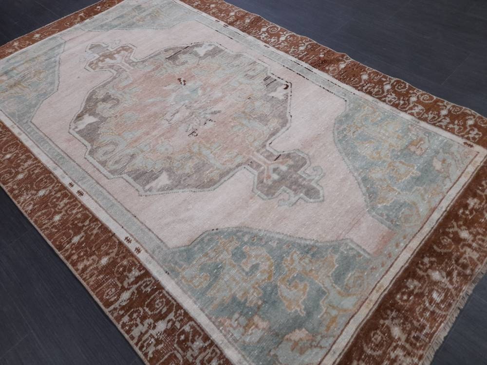 Wool Oushak Rug Vintage 4 x 6.4 Rug Muted Vintage Runner Rug Wool Oriental Rug Hand Made Rugs Vintage Turkish Rug Muted Persian Wool Rug