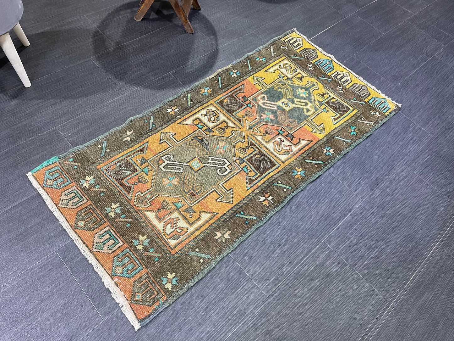 Hand Knotted Runner Rug, Vintage 2 x 4.4 Runner Rug,Handmade Short Runner Rug,Bathroom Runner Rug, Antique Runner Rug, Vanity Runner Rug