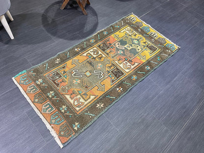 Hand Knotted Runner Rug, Vintage 2 x 4.4 Runner Rug,Handmade Short Runner Rug,Bathroom Runner Rug, Antique Runner Rug, Vanity Runner Rug