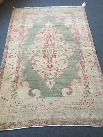 4x6 feet turkish green rug, vintage wool bedroom large rug, oushak handmade kitchen red rug, faded bohemian bathroom rug, persian design rug