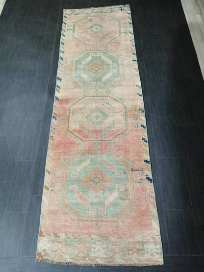 Oriental Runner Rug Muted Turkish Runner Rug 3.4 x 11.6 Vintage Runner Rug Hallway Runner Rug Muted Runner Rug Wool Runner Rug