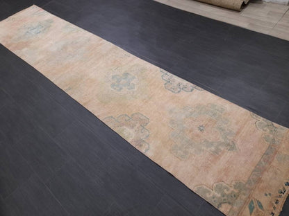 Hand Knotted Runner Rug Muted Turkish Runner Rug Vintage Runner Rug 2.6 x 12.8 Distressed Hallway Runner Kitchen Runner Rug Muted Runner Rug