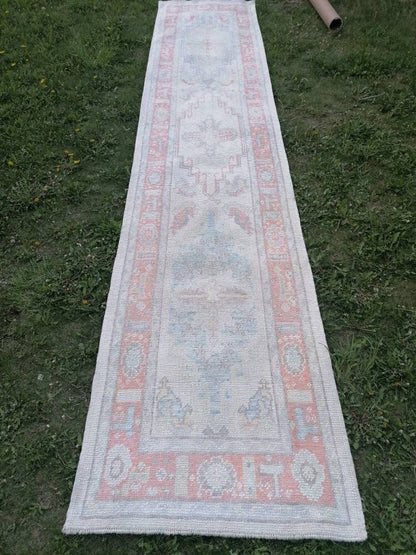 2'10x13'4 oushak wool runner, turkish oushak new produced handmade rug, muted hallway runner rug