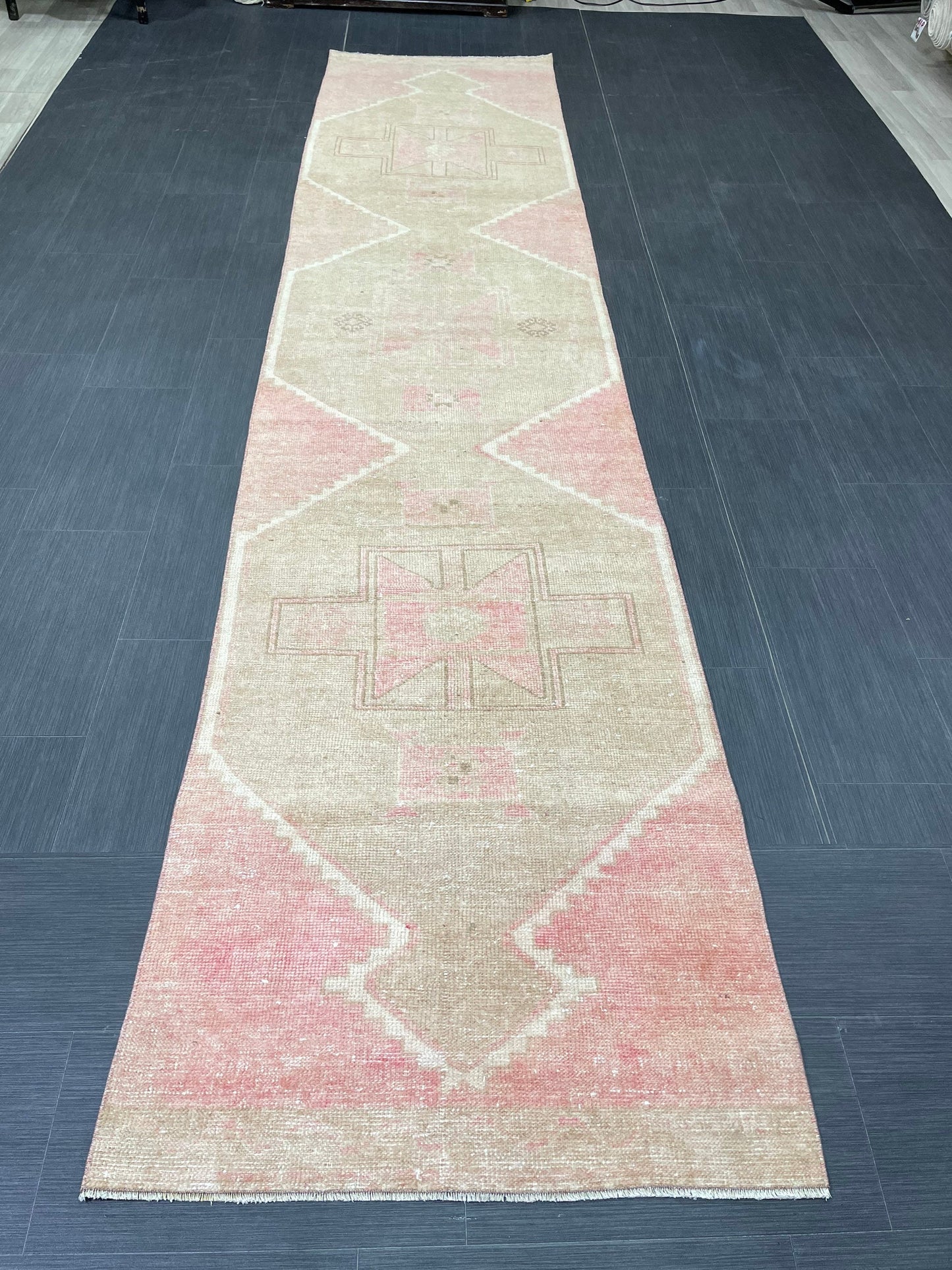 Muted Vintage Runner Rug 2.7 x 12.6 Hand Made Runner Rug Turkish Runner Rug Pink Vintage Runner Rug Hallway Runner Rug Wool Kitchen Runner