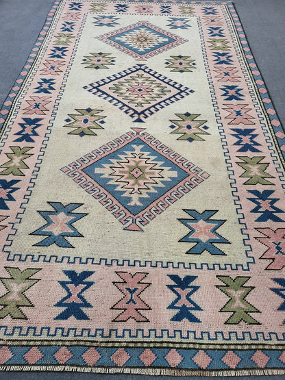 Hand Knotted Oushak Rug, Vintage 6 x 8.7 Rug, Handmade Turkish Rug, Persian Rug, Vintage Rug, Wool  Blue Large Rug