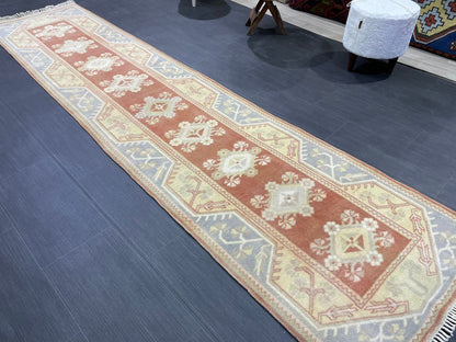 Vintage Hand Knotted Rug, Natural Wool Runner 2.7 x 10.5 Rug, Handmade Runner Rug, Turkish Runner Rug, Muted Runner Rug, Wool Kitchen Runner