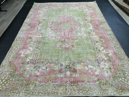 Oriental Rug 10 x 6.7 TURKISH Oushak Rug Vintage Antique Rug Vintage Green and Pink Rug Wool Distressed Rug Hand Made Rug