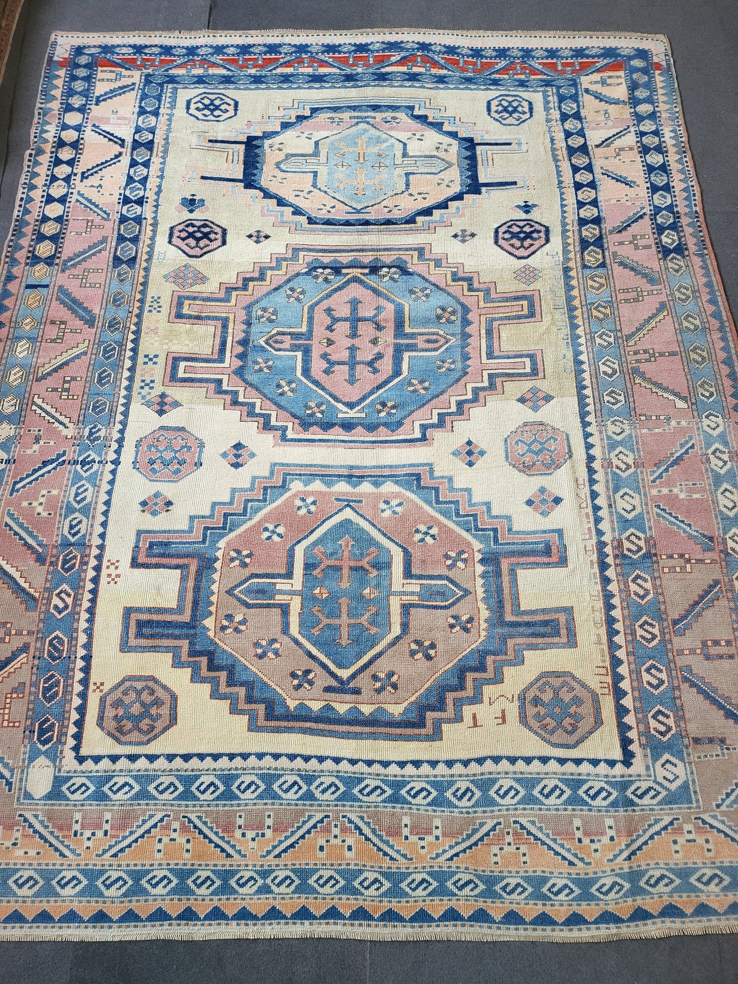 Antique RUG, Turkish Oushak 8.7 x 9.4 Rug, One Of A Kind Rug, Vintage Persian Rug, Blue Vintage Rug, Fine Wool Unique Rug, Rear Turkish Rug,