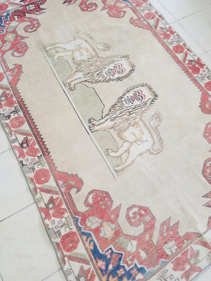 Lion oushak handmade wool rug 4'4x6'12 turkish rug vintage rug, vintage oushak rug, kitchen rug bohemian rug