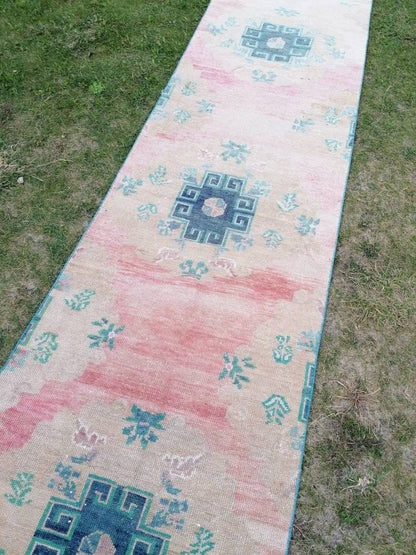 3x11'9 wool oushak runner rug turkish handmade runner, vintage runner rug hallway runner rug kitchen runner