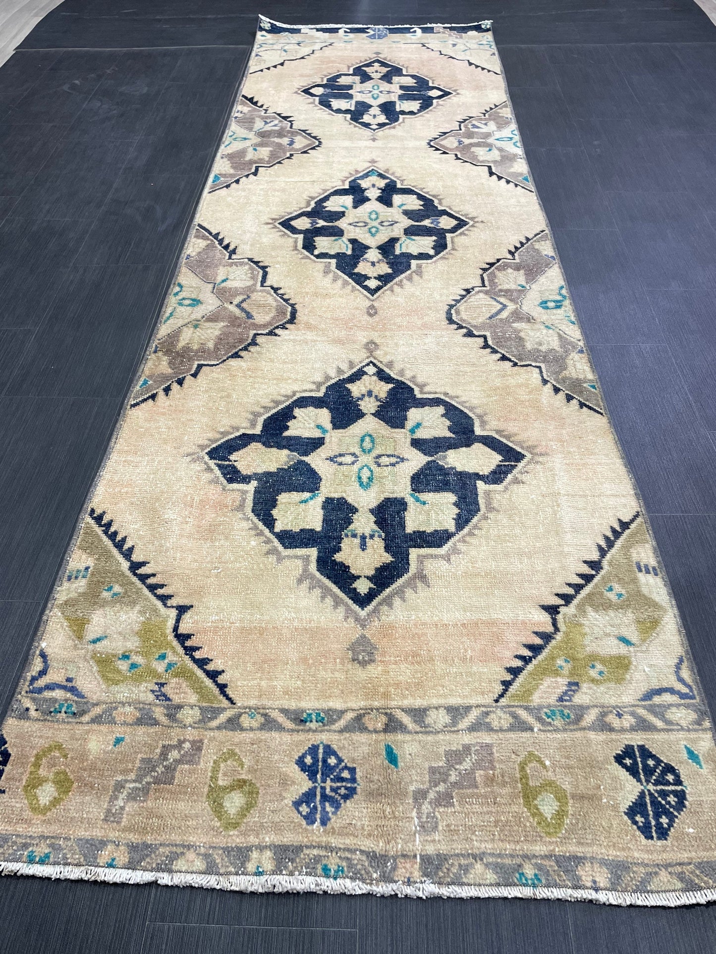 Vintage Runner 3.2 x 10.6 TURKISH Muted Runner Rug Vintage Oushak Runner Rug Navy Runner Rug Wool Oriental Runner Antique Runner Rug