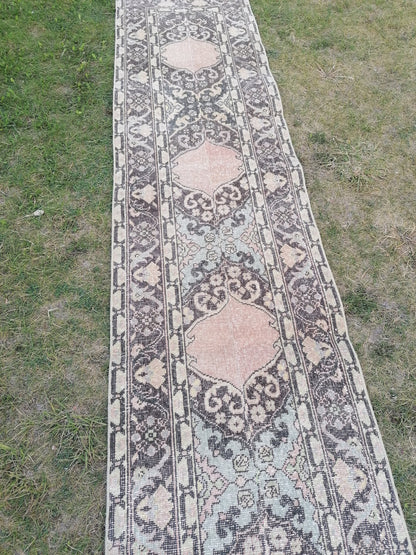 Turkish runner rug 2'3x13'3 vintage wool runner, packwork oushak runner rug, hallway hand made rug, kitchen runner rug,