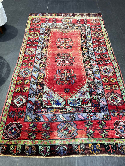 Vintage RUG, TURKISH 4.2 x 7.4 Rug, Wool Hand Knotted Rug, Persian Rug Wool Handmade Rug, Oushak Rugs Muted Hand Knotted rug