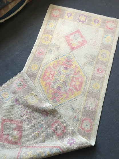 3x8 feet handmade new turkish runner rug, vintage destroyed beige wool kitchen floor runner, long oushak purple living room area runner rug